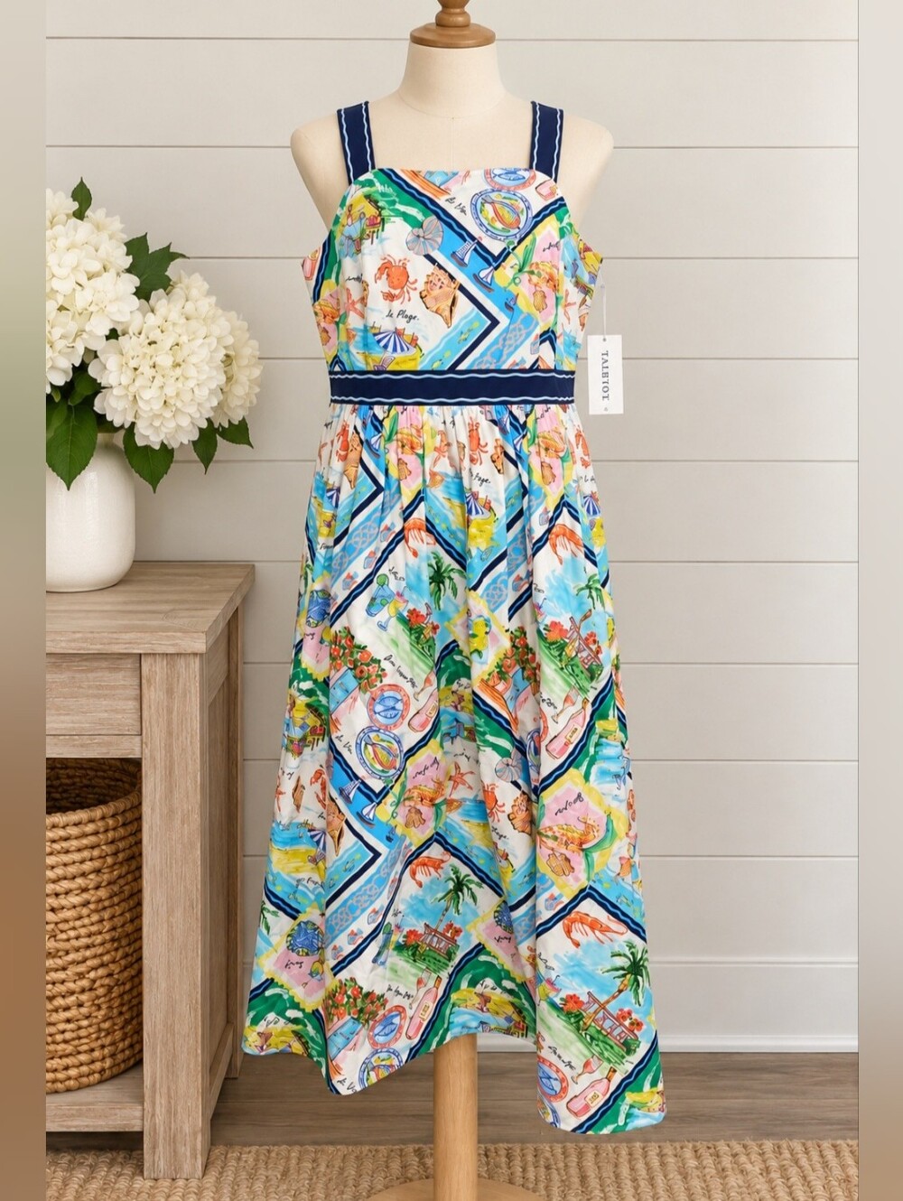 🌴 Talbots Petite 10 Coastal Print Cotton Midi Dress